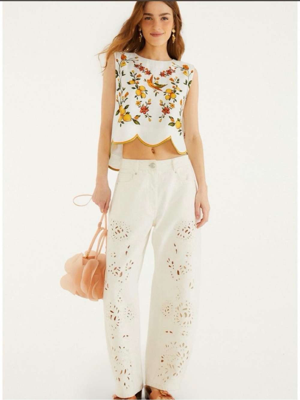 FARM Rio White Cotton Crop Top with Yellow & Orange Embroidery - Picture 3 of 8